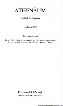 Athenäum : Jahrbuch der Friedrich Schlegel-Gesellschaft. 1, 1. 1991