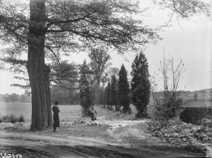 Unbekannte Landschaft. Feldweg mit Kind und Frau