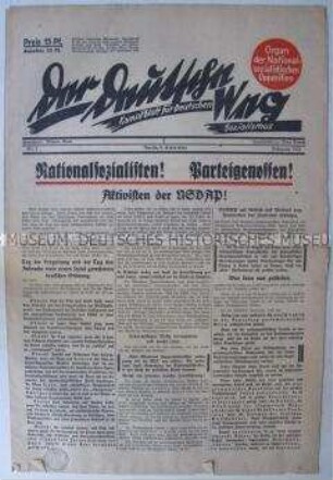 Erste Nummer der Wochenzeitung der NSDAP-Opposition "Der deutsche Weg" mit scharfer Kritik an der Parteiführung