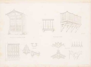 Restauration, Potsdam. Holzbalkone, Potsdam: Perspektivische Ansichten, Details (aus: Architektonisches Skizzenbuch, H. 2, 1852)