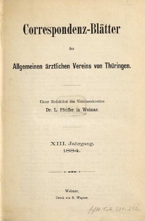 Korrespondenz-Blätter des Allgemeinen Ärztlichen Vereins von Thüringen. 13. 1884