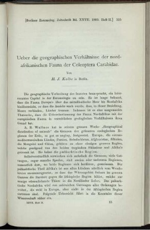 Ueber die geographischen Verhältnisse der nordafrikanischen Fauna der Coleoptera Carabidae.