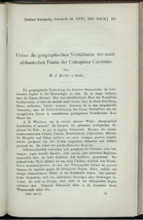 Ueber die geographischen Verhältnisse der nordafrikanischen Fauna der Coleoptera Carabidae.