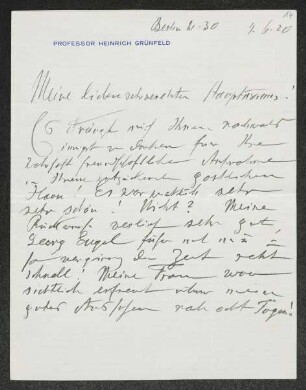 Brief von Heinrich Grünfeld an Gerhart Hauptmann