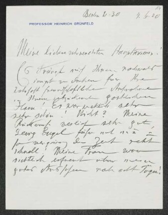 Brief von Heinrich Grünfeld an Gerhart Hauptmann