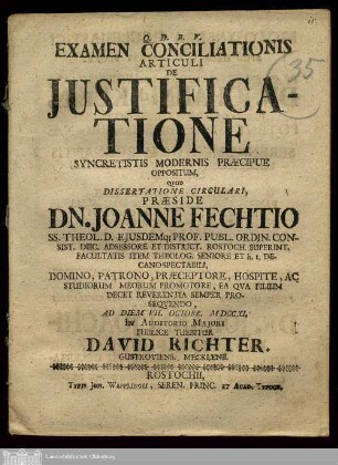 Examen Conciliationis Articuli De Justificatione Syncretistis Modernis Præcipue Oppositum