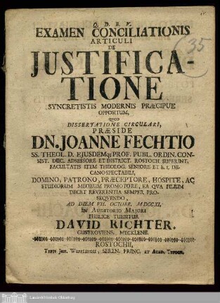 Examen Conciliationis Articuli De Justificatione Syncretistis Modernis Præcipue Oppositum