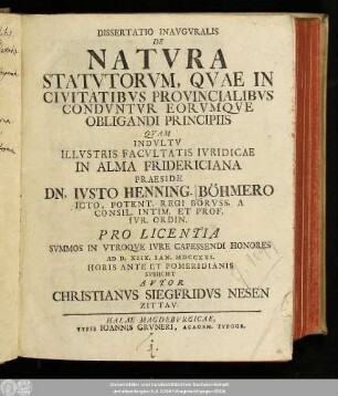 Dissertatio Inavgvralis De Natvra Statvtorvm, Qvae In Civitatibvs Provincialibvs Condvntvr Eorvmqve Obligandi Principiis