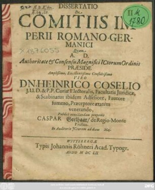 Dissertatio De Comitiis Imperii Romano-Germanici