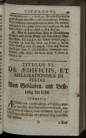 Titulus VI. De Ædificiis, Et Meliorationibus In Feudo. - Titulus X. In Controversiis Feudalibus, Quis Sit Judex Competens.