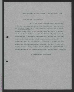 Brief von Helene Lange an [Johanne] Birnbaum