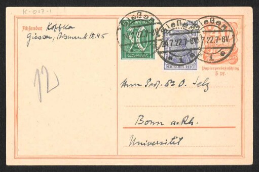 [Postkarte von Kurt Koffka an Otto Selz vom 23. Juli 1922]