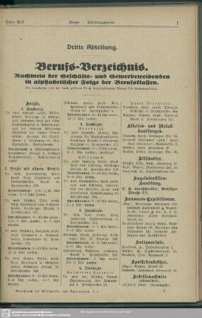 3. Berufsklassen und Gewerbebetriebe : Dritte Abteilung. Berufs-Verzeichnis
