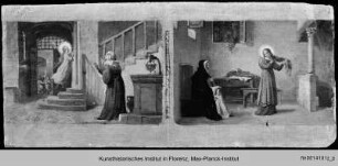 Die Heilige Katharina von Siena schwebt eine Treppe empor und schneidet sich die Haare ab