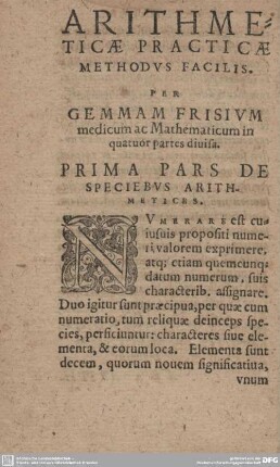 PRIMA PARS DE SPECIEBUS ARITHMETICES.