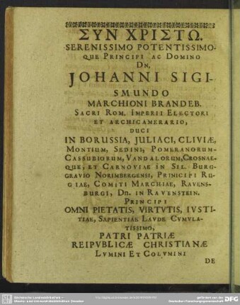 Syn Christo Serenissimo Potentissimoque Principi Ac Domino Dn. Johannis Sigismundo