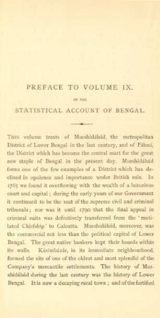 Preface to volume IX. of the statistical account of Bengal