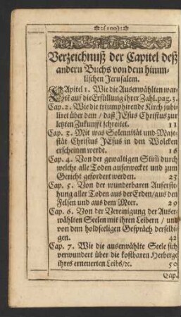 Verzeichnuß der Capitel deß andern Buchs von dem himmlischen Jerusalem.