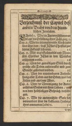 Verzeichnuß der Capitel deß andern Buchs von dem himmlischen Jerusalem.
