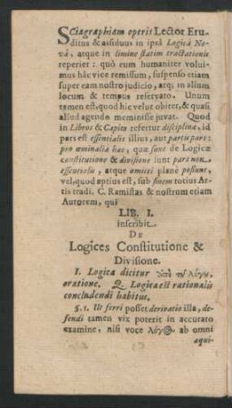 Lib. I. inscribit De Logices Constitutione & Divisione.