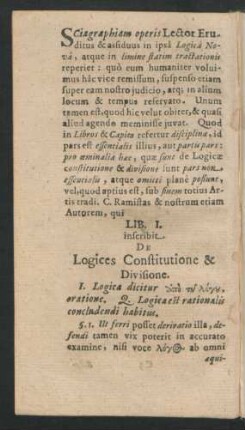 Lib. I. inscribit De Logices Constitutione & Divisione.