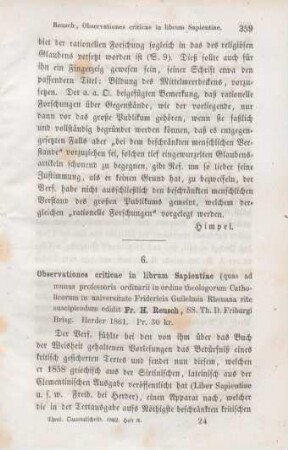 359-361 [Rezension] Reusch, Franz Heinrich, Observationes criticae in Librum sapientiae