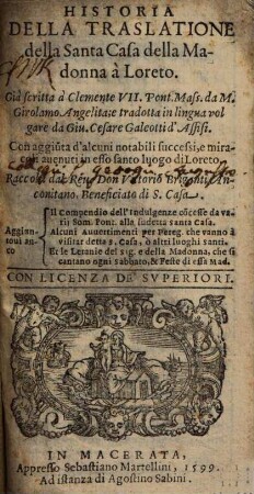 Historia Della Traslatione della Santa Casa della Madonna à Loreto
