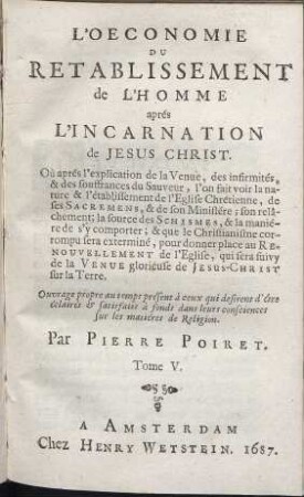 L´Oeconomie Du Retablissement De L´Homme aprés L´Incarnation de Jesus Christ ... [5]