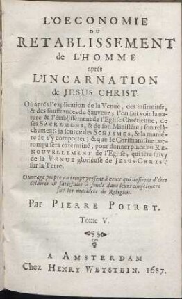 L´Oeconomie Du Retablissement De L´Homme aprés L´Incarnation de Jesus Christ ... [5]