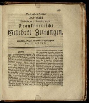 XCItes Stück Dienstags, den 15. November, 1768. - Ctes Stück Freytags, den 16. December, 1768.