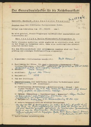 Festspielhaus, Worms: Fragebogen für das Handbuch »Das Deutsche Theater«, vierseitiges Dokument