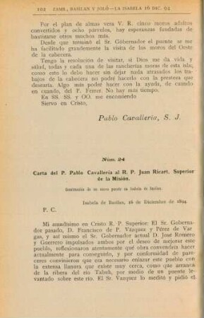 Núm. 24. Carta del P. Pablo Cavallería al R. P. Juan Ricart, Superior de la Misión