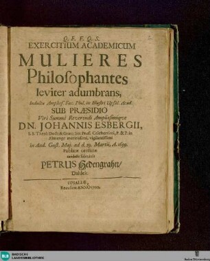 Exercitium academicum Mulieres philosophantes leviter adumbrans