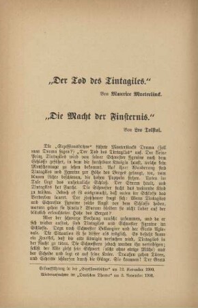 "Der Tod des Tintagiles" ; "Die Macht der Finsternis"