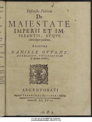 Discursus Politicus De Maiestate Imperii Et Imperantis, Atque utriusque iuribus