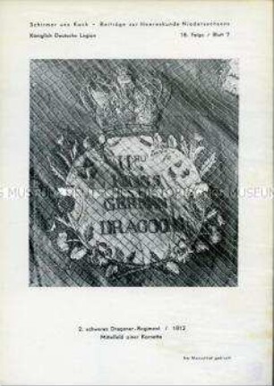 Uniformdarstellung, Detailfoto des Emblems einer Kornette des 2. Schweren Dragoner-Regiments der Königlich Deutschen Legion, Kurfürstentum Hannover, 1812.