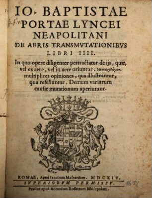 Jo. Bapt. Portae de aeris Transmutationibus libri IV
