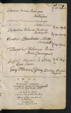 Sommerhalbjahr 1751. Rektorat Christoph Friedrich Harpprecht