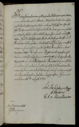 Übersendung eines Reglements für die Theologische Fakultät zum Gottesdienst in der Universitätskirche.
