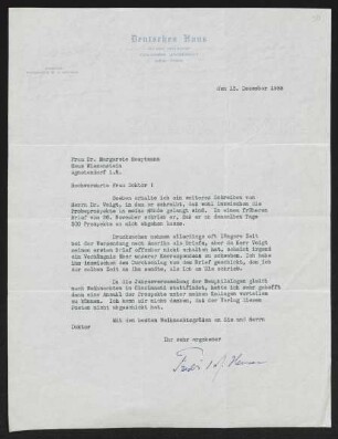 Brief von Frederick W. J. Heuser von Columbia University / Deutsches Haus  an Margarete Hauptmann