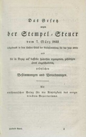 Das Gesetz wegen der Stempel-Steuer vom 7. März 1822 ...