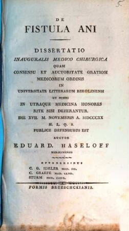 De fistula ani : Dissertatio inauguralis medico chirurgica