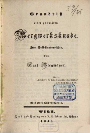 Grundriß einer populären Bergwerkskunde : zum Selbstunterrichte