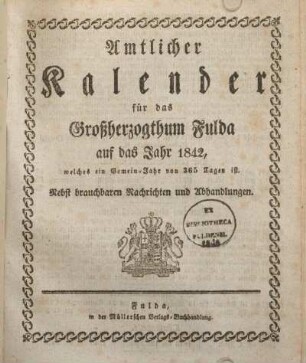 1842: Amtlicher Kalender für das Großherzogthum Fulda