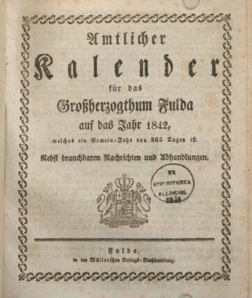 1842: Amtlicher Kalender für das Großherzogthum Fulda