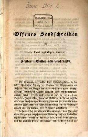 Offenes Sendschreiben an den Landtagsabgeordneten Freiherrn Gustav von Lerchenfeld