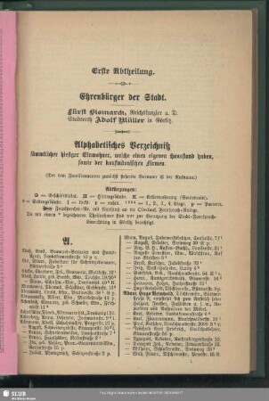 Erste Abtheilung. Einwohnerverzeichnis : Erste Abtheilung. Alphabetisches Verzeichniß sämmtlicher hiesiger Einwohner, welche einen eigenen Hausstand haben, sowie der kaufmännischen Firmen