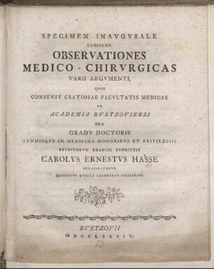 Specimen Inaugurale Exhibens Observationes Medico-Chirurgicas Varii Argumenti