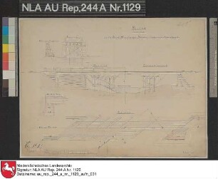 Grundriß und Längenschnitt einer Kanalbrücke in der Straße von Hesel nach Moorburg Kolorierte Zeichnung von Becker Papier Format 47,5x35,0 M 1:80 (ca)
