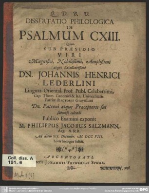Dissertatio Philologica In Psalmum CXIII.